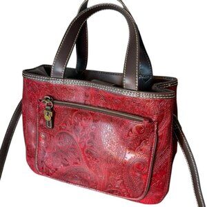 RELIC Red Paisley Embossed Handbag Satchel Brown Accents Crossbody Strap Tooled